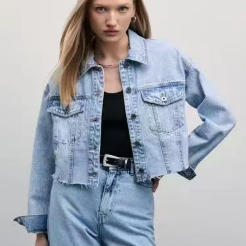 外贸欧美单短款毛边牛仔外套2025秋季新款翻领纽扣时尚潮流上衣女,女装/女士精品,短外套,淘宝优惠券,粉丝福利购,淘宝优惠卷