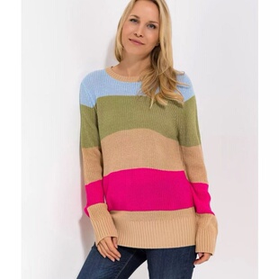 外贸欧美女装针织衫秋季新款圆领拼色亮色宽松胖MM大码休闲毛衣