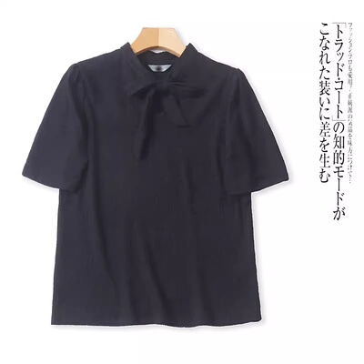 J5279外贸欧美单女士短袖上衣新款圆领系带甜美时尚显瘦减龄小衫