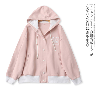 V5189外贸欧美单学院风女生休闲外套新款连帽纽扣宽松慵懒风上衣