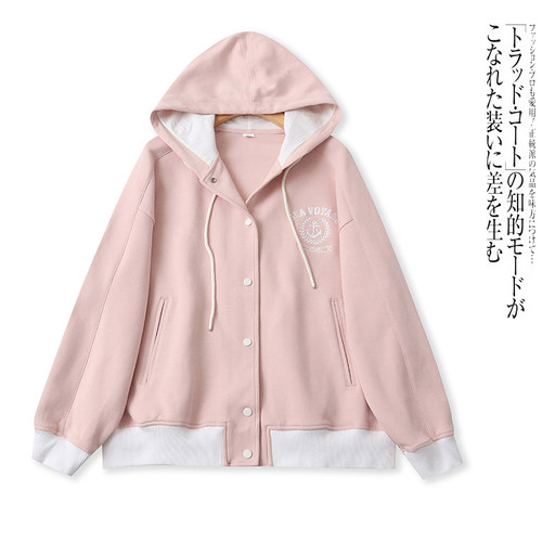 V5189外贸欧美单学院风女生休闲外套新款连帽纽扣宽松慵懒风上衣