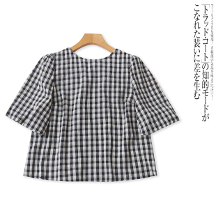 JJ6364外贸欧美单女士短袖格子衬衫夏季新款圆领系带甜美时尚小衫