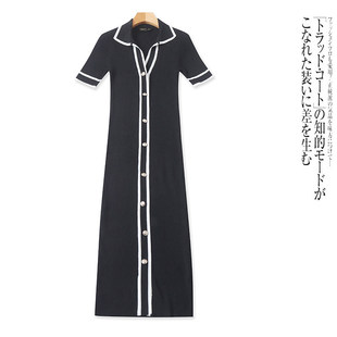 显瘦连衣裙 翻领套头排扣拼色修身 A9636外贸欧美单短袖 针织裙新款