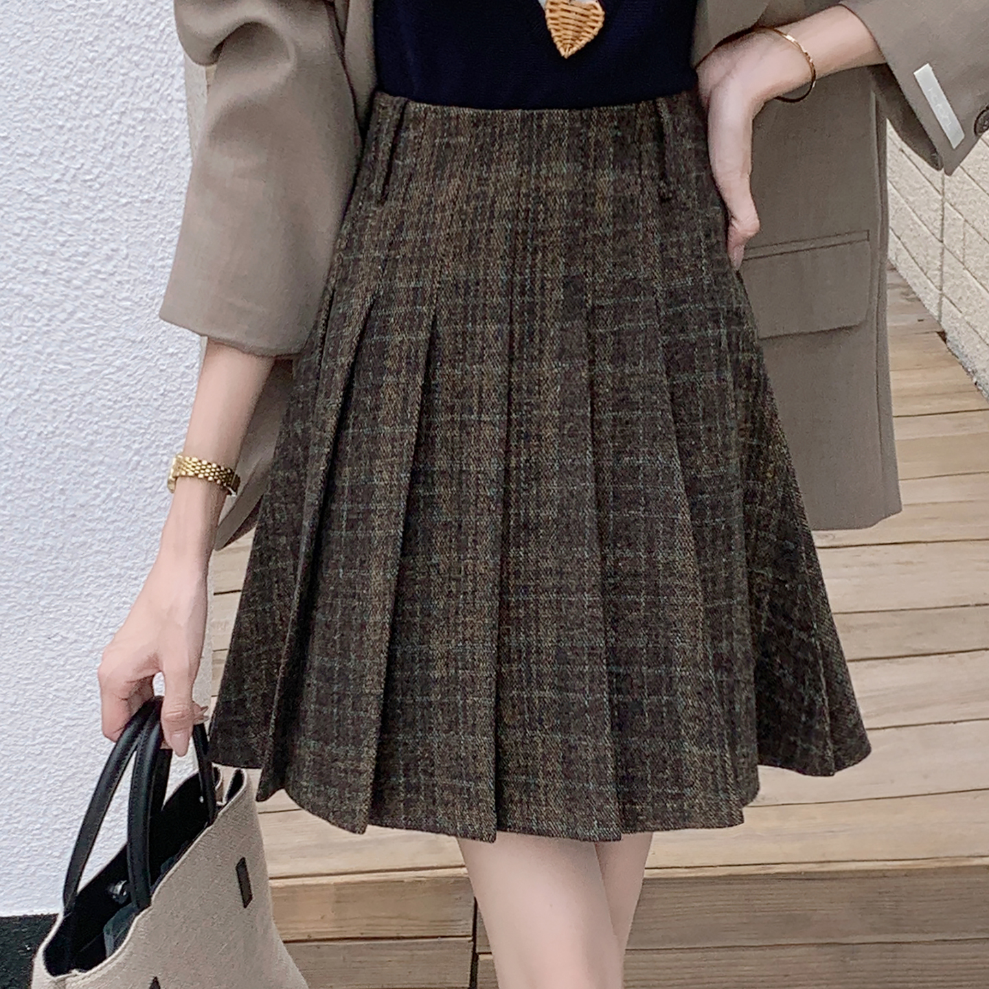 毛呢半身裙秋冬包臀裙法式百褶裙