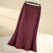 毛呢半身裙小香风长裙秋冬2025高级感红色裙子女包臀裙气质鱼尾裙