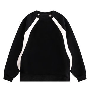 潮牌间色拼接长袖 圆领卫衣落肩重磅复古cleanfit情侣套头上衣