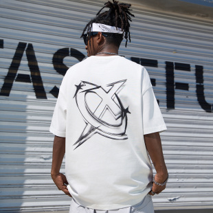 情侣夏季 T恤街头重磅短袖 纯棉体恤 复古半袖 螺旋X字印花美式