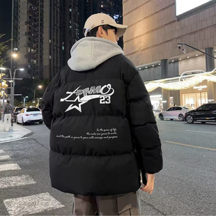 美式 棉服加厚宽松棉衣外套 23星星字母保暖假两件连帽拉链款