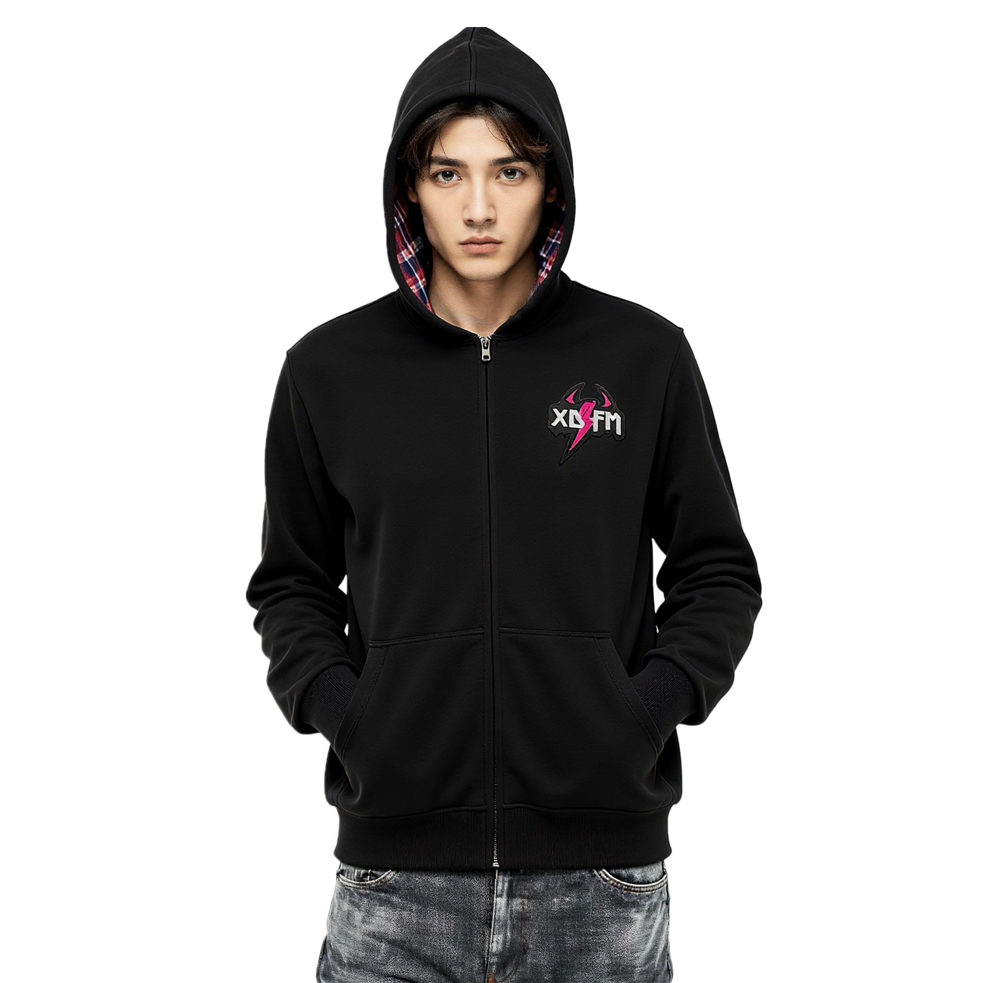 XDFM美式恶魔角字刺绣立体格子开衫拉链套头卫衣重磅连帽外套上衣