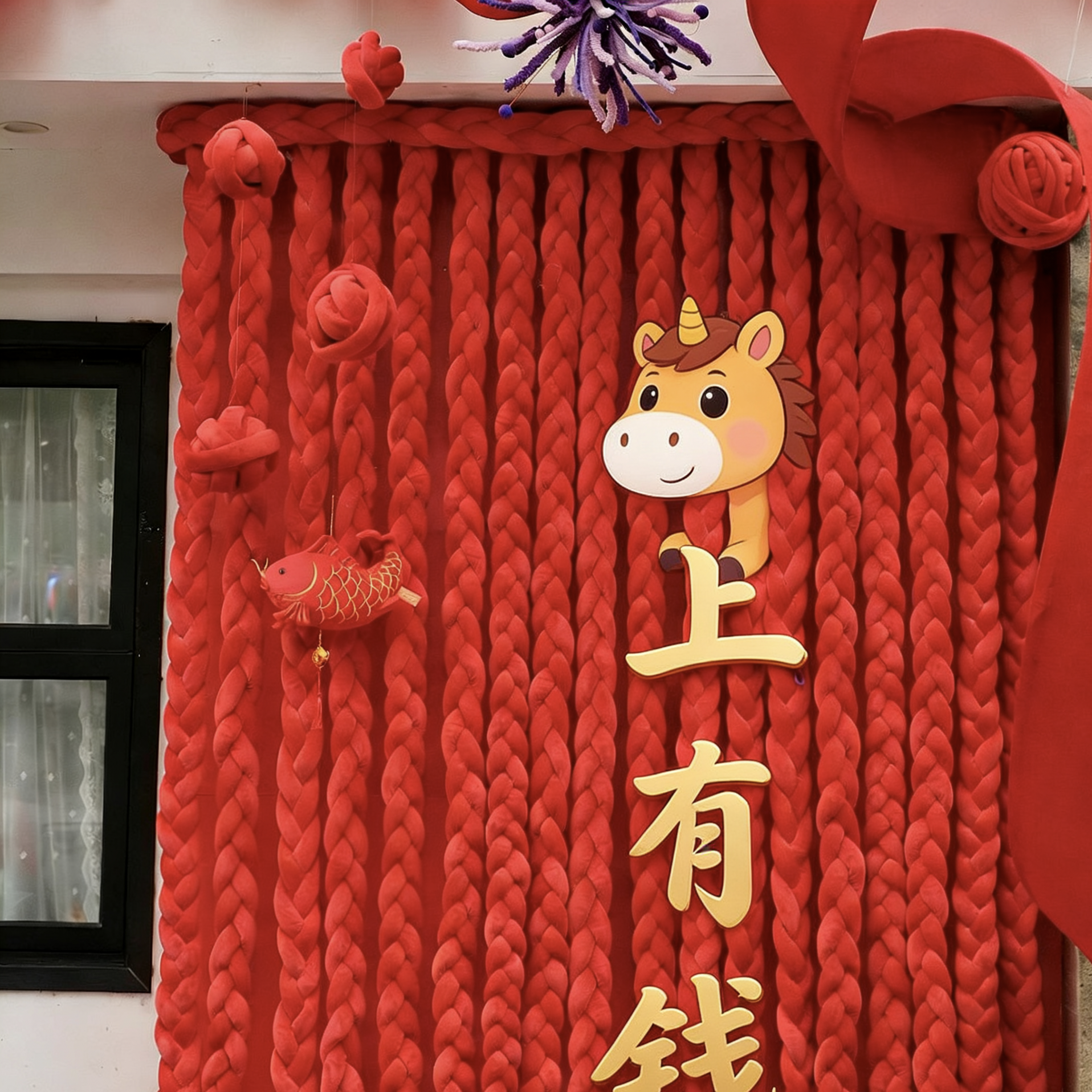 马上有钱新年毛线编织背景墙装饰咖啡店墙装饰品红色氛围门头开业,个性定制/设计服务/DIY,道具定制,淘宝优惠券,粉丝福利购,淘宝优惠卷