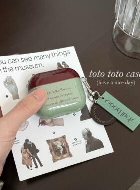 ins复古绿色英文泼墨Airpods4耳机套适用苹果2代/pro小众挂件Airpods3代新款无线保护套Airpodspro2/3耳机套