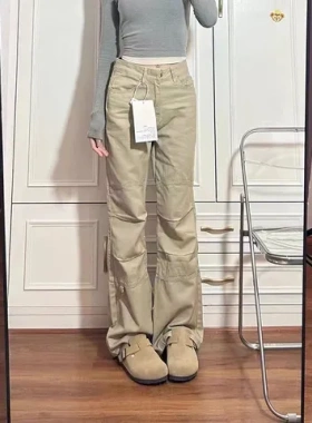 美式女2024显瘦牛仔裤辣妹复古新款阔腿拖地裤高腰设计感工装秋季