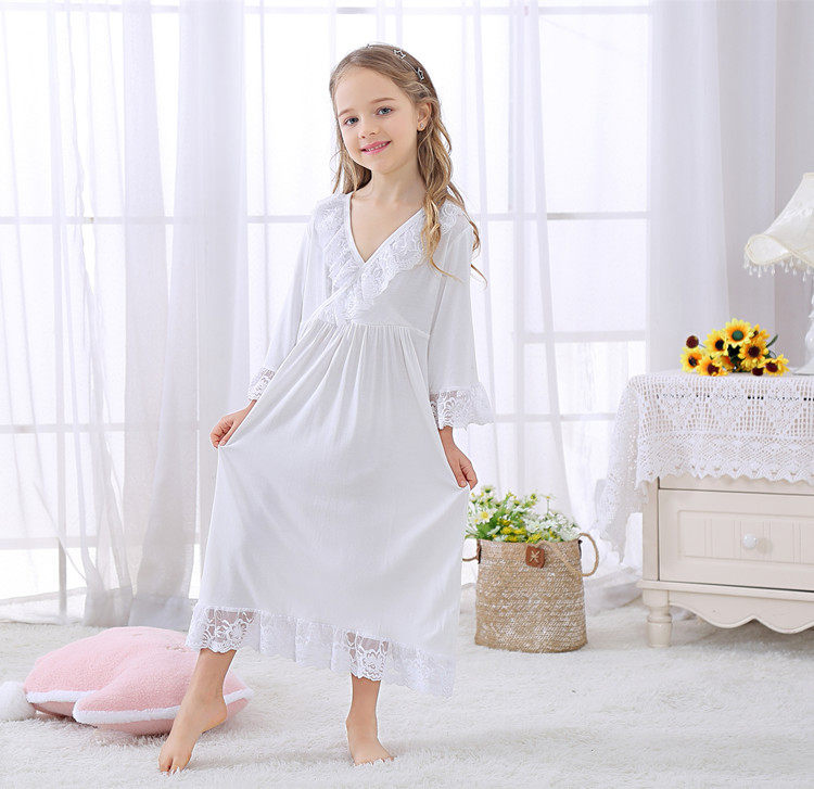 女童装新款莫代尔纯棉九分袖长款浪漫法式宫廷公主睡裙睡衣家居服
