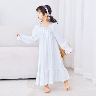 女童女士长袖长款纯棉绸梭织棉软欧美大牌睡裙亲子装母女睡衣睡裙