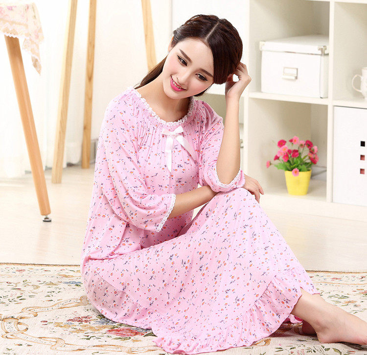 2018春夏秋季女士清新小碎花莫代尔针织棉长款宫廷公主睡裙家居服