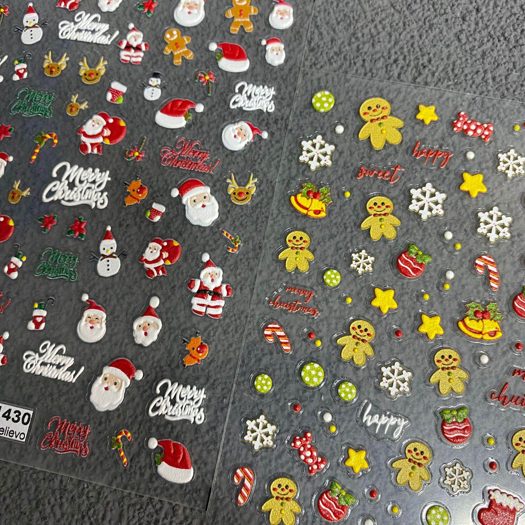 圣诞老人麋鹿雪人浮雕美甲贴纸卡通姜饼人白色雪花手账指甲装饰贴