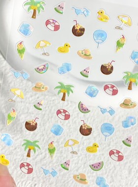 夏日椰子树冰块小黄鸭浮雕美甲贴