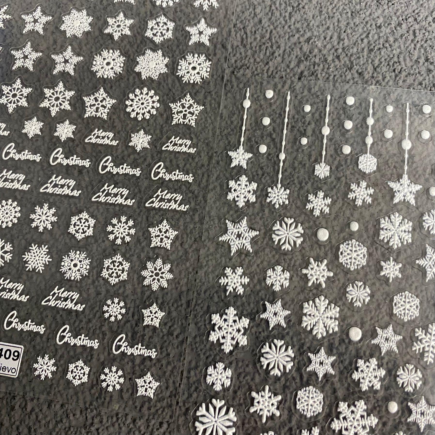 冬季雪花浮雕美甲贴纸白色圣诞雪花饰品美甲新年新春贴花指甲贴纸