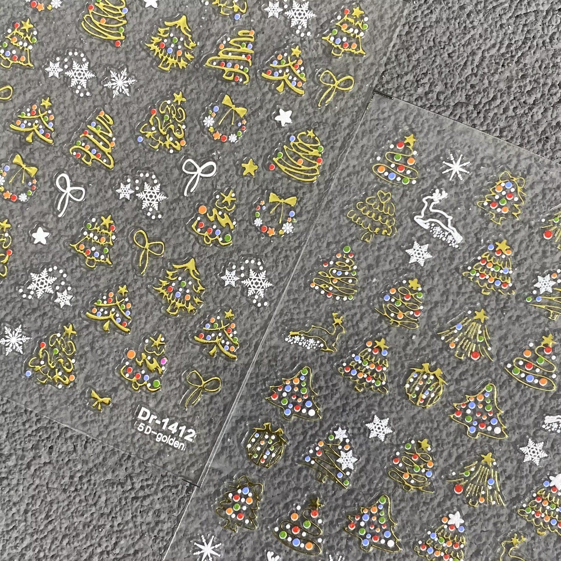 烫金圣诞树雪花麋鹿浮雕美甲贴纸