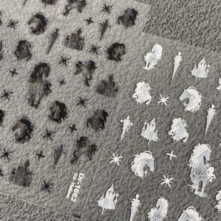 复古暗黑风黑马骑士浮雕美甲贴纸黑白克罗心防水背胶指甲装饰贴