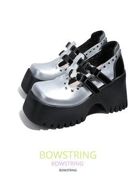 Bowstring新品原创小众设计复古潮酷风银色玛丽珍银色粗跟厚底鞋