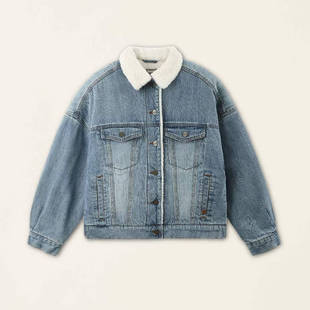 初原家日系女款牛仔羊羔毛棉服女士棉衣秋冬款保暖外套复古棉衣