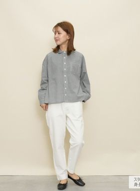 初原家女士帆布长裤粗斜纹纯棉休闲裤高腰松紧腰白色女裤