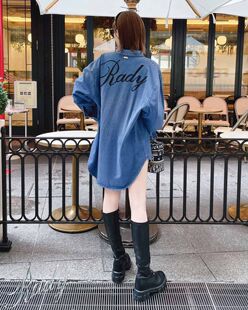 初原家女士长款宽松牛仔衬衣日系衬衫可爱刺绣春秋少女rady