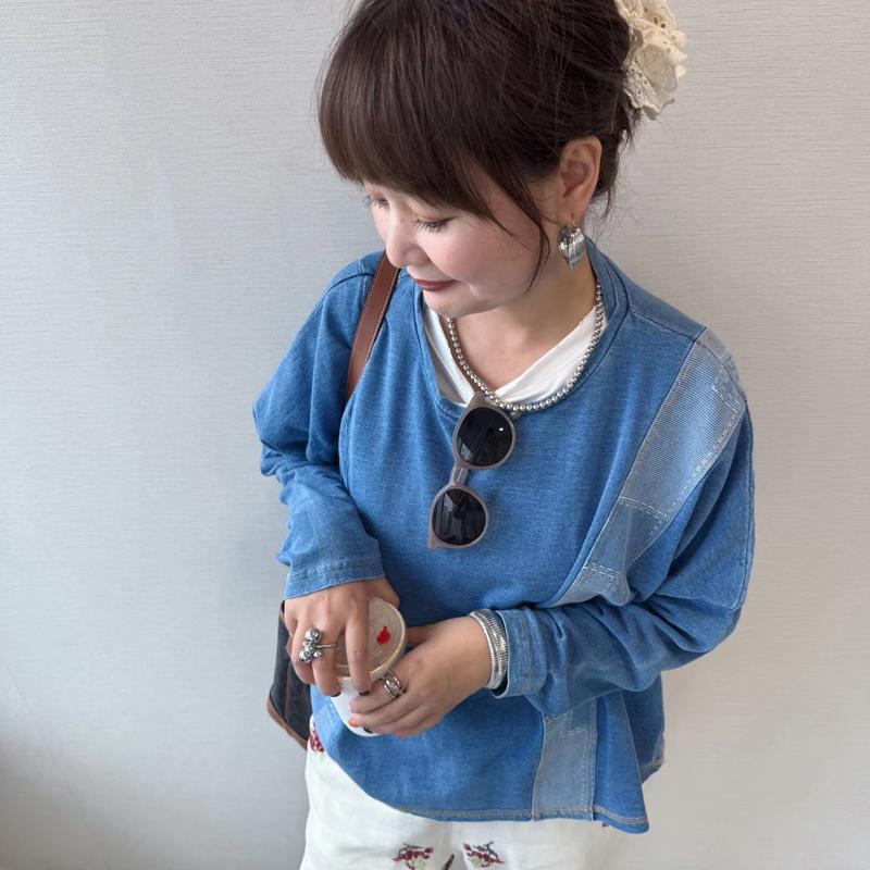 初原家女士套装衫女款日系落肩袖宽松圆领拼接百搭上衣针织牛仔
