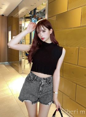 初原家女士夏季短裤牛仔热裤毛边破洞日系可爱淑女高腰rady旗下