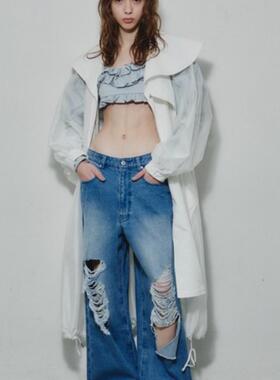 初原家女士破洞乞丐裤女款拖地阔腿高腰牛仔裤两穿潮流长裤