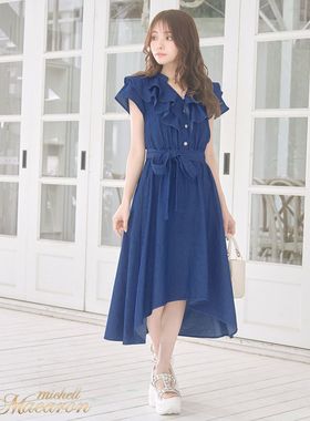 初原家女士牛仔纯棉连衣裙荷叶边袖可爱日系收腰气质中长裙rady