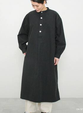 日系女款黑色长款衬衣长袍
