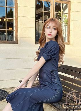 初原家女生可爱淑女日系牛仔高弹连衣裙抽绳收腰修身rady旗下