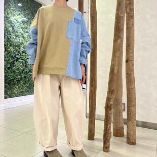 初原家日系女款宽松版拼接卫衣女士春秋款套头水洗时尚圆领纯棉