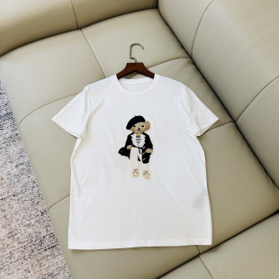 T恤白色圆领减龄纯棉上衣 休闲重工刺绣小熊图案短袖 鸭毛女装 新款