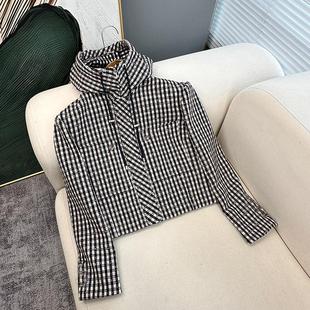 鸭毛 深圳高端女装 羊毛粗花呢格纹撞色时髦南油通勤连帽抽绳外套