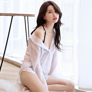 2023新款女装衬衫中长款白色透明情趣男朋友开衫女