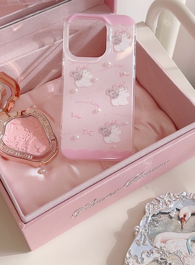 原创设计猫咪imd双层印花珍珠手机壳亮面可爱粉色少女苹果15系列 15 pro 大孔保护壳 适用于苹果