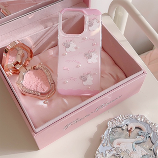 原创设计猫咪imd双层印花珍珠手机壳亮面可爱粉色少女苹果15系列 15 pro 大孔保护壳 适用于苹果