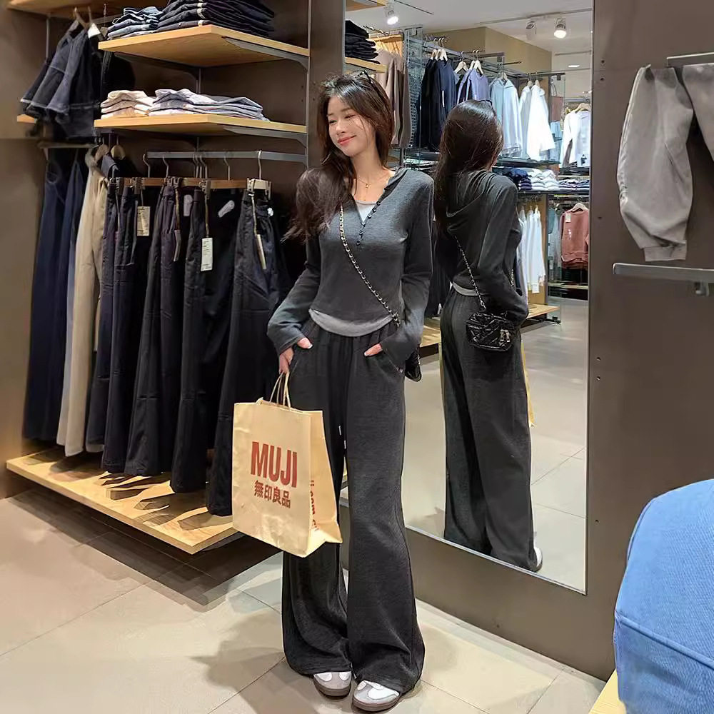 糯米套装两件套休闲运动套装假两件长袖上衣女秋季高腰长裤阔腿裤