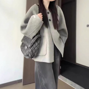 短款口袋双面毛呢外套女冬季韩版慵懒风宽松保暖加厚呢子休闲大衣
