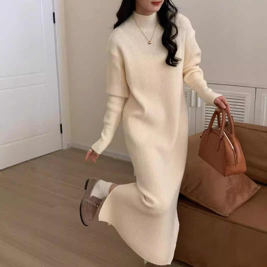 半高领打底针织连衣裙女宽松秋冬配大衣加厚内搭过膝长款毛衣裙女