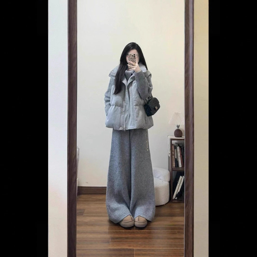三件套装韩版气质时尚感立领字母刺绣马甲棉服+高领毛衣+针织长裤