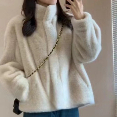 仿天鹅绒貂皮大衣皮毛一体立领短款水貂绒环保皮草女冬季毛毛外套