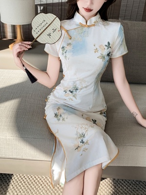 新中式复古改良旗袍裙子女高级感名媛印花盘扣长款包臀显瘦连衣裙