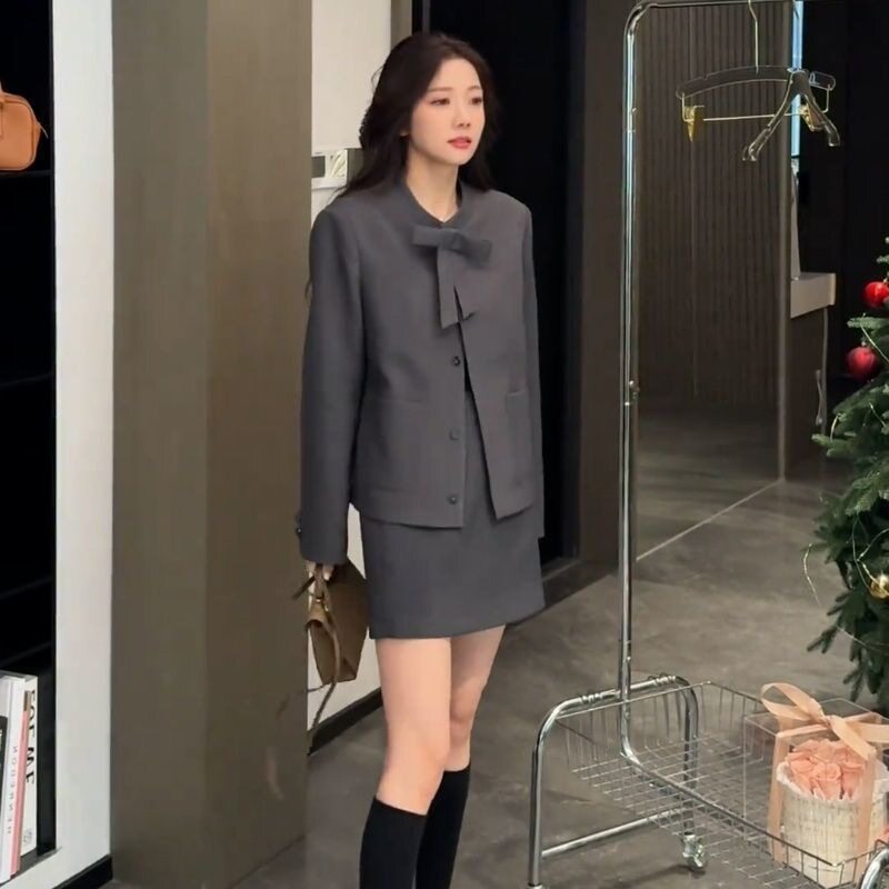 韩版气质灰色蝴蝶结西装外套短裙女装2026秋冬新款千金感时尚套装