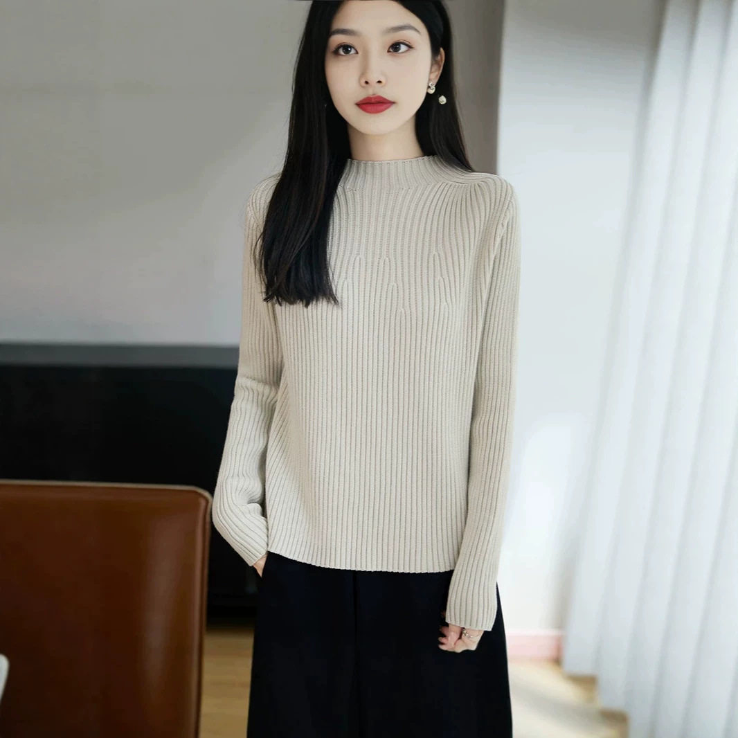 慵懒风坑条纯棉线针织衫女2026秋冬季套头加厚保暖显瘦毛衣打底衫