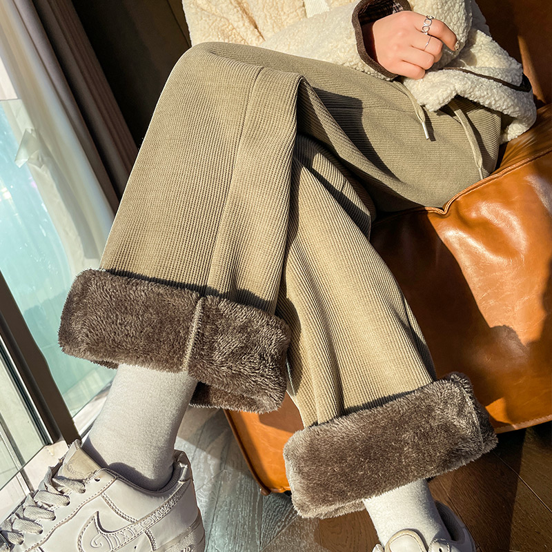 羊羔绒阔腿裤女秋冬季新款韩版潮保暖棉裤加绒加厚灯芯绒直筒裤子