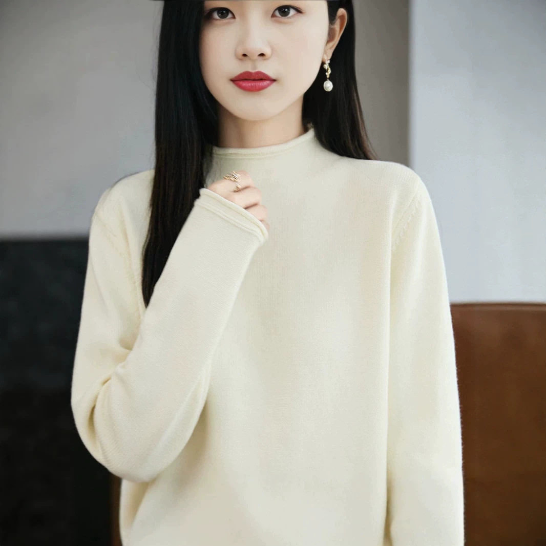 法式极简风高领纯棉针织衫女长袖宽松百搭打底衫秋冬绿色毛衣上衣